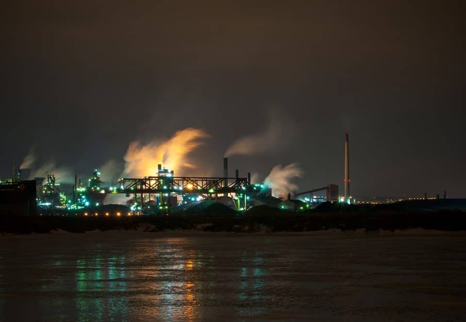 An oil refinery at night